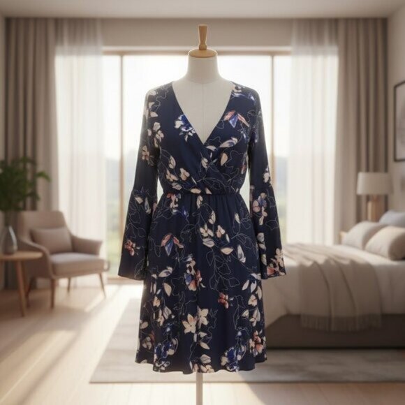 Westport Floral Chiffon Long Sleeve Wrap Dress Size 16 Blue Lightweight Elegant - Picture 2 of 7